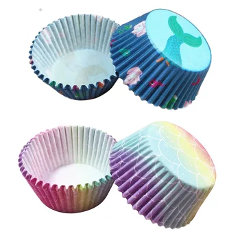 100 Stykker Havfrue Cupcake Liners Papir Bagning Cup Dække Topper Muffin Indlejrer til Pige Fødselsdag Havet Tema Part Forsyninger Indretning