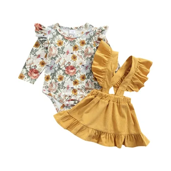2021 lille Barn Fashion Baby Girl ' s To Stykke, der Passer Blomst Lange Ærmer Sparkedragt og Solid Farve Hofteholder Nederdel
