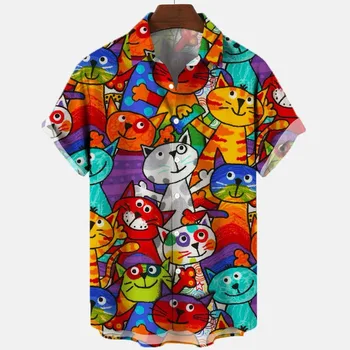 2022 Farverige Katte Retro Mode 3d Mænds Hawaii-Skjorte Mandlige Tøj Casual Skjorter Mænds Shirt Mode Løse Korte Ærmer 5xl