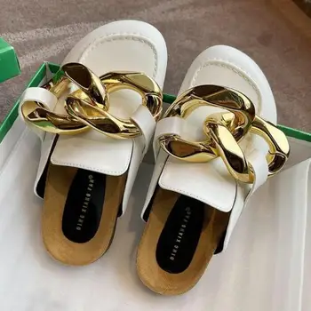 2022 Nye Kvinder Slipper Fashion Store Guld Kæde Sandaler, Sko Rund Tå Slip På Muldyr Flad Hæl Casual Ytmtloy Indendørs Zapato Mujer