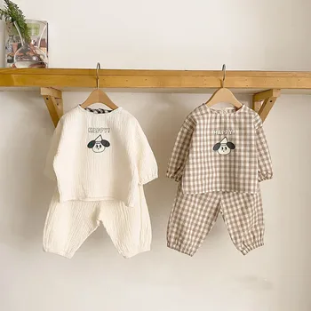 2023 Nye Baby Bomuld Tøj Sæt Plaid Tegnefilm Casual Tops + Bukser 2stk Baby Sæt Søde Dreng Piger Komfortable Spædbarn Tøj