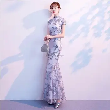 2023 nye kinesiske bryllup kort-langærmet forbedret kjole lang fishtail kinesisk stil, elegant, sexet qipao kvinder party dress s26