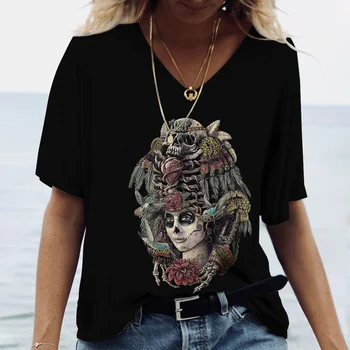 3D Kraniet Print Kvinders Sommeren 2022 Nye V-hals Top kortærmet T-shirt Afslappet Sjove Horror Harajuku Alsidig Y2K Tøj S-5XL