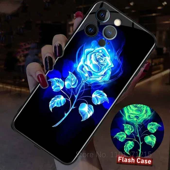 3D-Smog Camellia Steg Blomst LED-Phone Cover til IPhone 13 12 Mini XR 11Pro XS Antal Glas Flash Kvinder Case til IPhone 7 8Plus