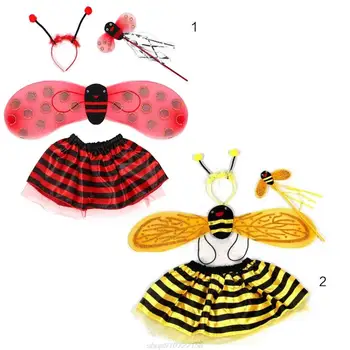 4stk/Set Kid Fe Kostume Sæt Ladybird Bee Glitter Søde Fløj Stribede Lag Tutu Nederdel Wand Hovedbøjle Kjole Op MT31 22 Dropship