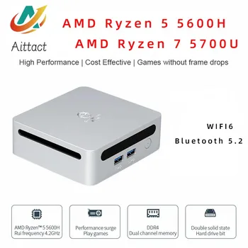 AITTACT Nye AMD Ryzen 5 5600H/Ryzen 7 5700U MiniPC Windows 10/11 3.3 GHz Op til 4.2 GHz-2*DDR4 Max Støtte 64GB RAM Gaming WIFI6