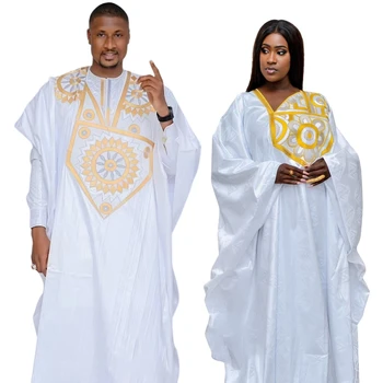 Afrikanske Kjoler Til Kvinder Bazin Riche Emboridery Design Gulv-Længde Kjole Med Tørklæde Par Design-Mode