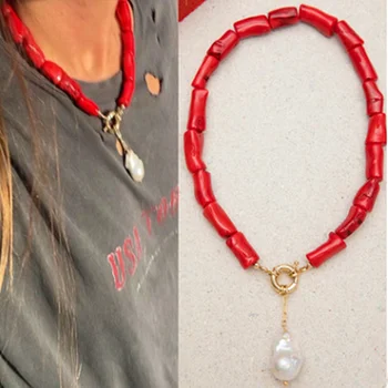 Barok naturlige ferskvands perle halskæde rød koral kvinder kort halskæde boheme mode smykker 2021 venskab choker