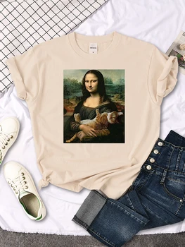 Berømte Maleri Mona Lisa Holde Kat Sjove Print Kvinders Tshirt Afslappede Bløde Toppe, Mode T-Shirt Sommer Vintage Kvinders t-Shirts