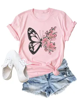 Blomst Butterfly Stil Tendens Tøj Fashion T-Shirt Tegneserie T-Shirts Til Sommer Tee Women Dame Casual Print Graphic T Top