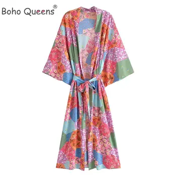 Boho Queens Vintage Kvinder Multi Blomster Print Vinger Boheme Kimono Ladies V-Neck Batwing Ærmer Rayon Robe Bikini Cover-ups