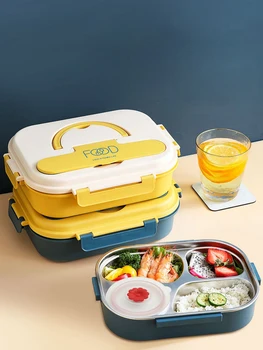 Bærbare Frokost Bento Box Folde Håndtag 18/8 Rustfrit Stål Foring Tætte 4 Rum Til Opbevaring Af Mad Containere