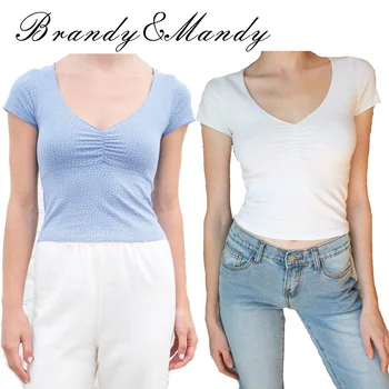 Crop Top Kvinde Brandy Blomster T-Shirt Korte Ærmer V-Hals Kvindelige Sommer Top Sexede Piger Slim Fit Skjorte Kvinder T-Shirts