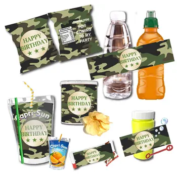 Custom Militær Camouflage Capri Sun Juice Etiketter Vand Flaske Vin Kinder Bueno Chip Taske Candy Box Klistermærker Fødselsdag Dekoration
