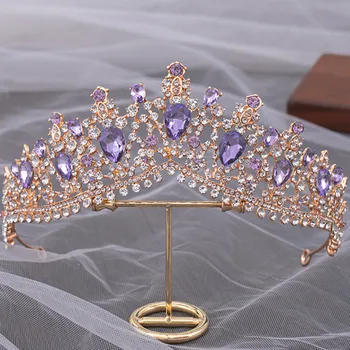 DIEZI Barok Luksus Elegante Dronning Princess Tiara Krone Lilla Pink AB Crystal Tiara For Kvinder Bryllup Hovedbeklædning Hår Smykker