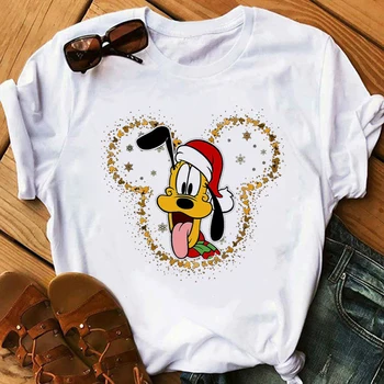 Disney Christmas T-Shirt Sjove Søde Pluto Print Smuk Æstetisk Tøj til Kvinder kortærmet Hvid Hjem Toppe Xmas T-shirts