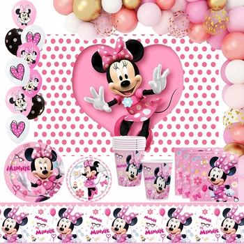 Disney Minnie Mouse Tema Part Forsyninger Papir Plade Cup Tabelcloth Pige Baby Shower Fest Dekoration Engangsservice
