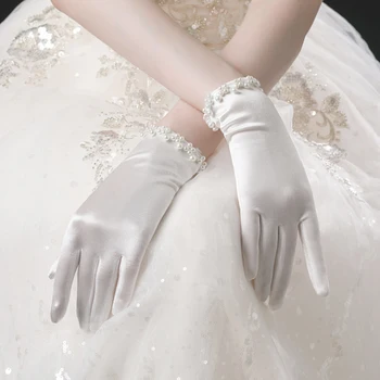Elegante Kvinder Bryllup Brude Korte Handsker Fuld Finger Perler Håndled Længde Kostume Prom Party Handsker