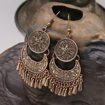Etniske Guld Farve Geometriske Kvast Øreringe til Kvinder Vintage Blomst Mønster Piercing Mode Ørering Indiske Smykker