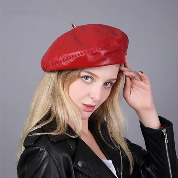 Forår/Vinter 100% Ægte Læder Beret Hat Kvinder Mode Europæiske Græskar Maler Caps Kvindelige Regnbue Farve Hvid/Rød Tynd Boina