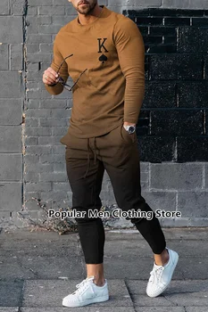 Foråret Mænds Træningsdragter Solid Color 3D-Print langærmet T-Shirt Sæt Jogging Streetwear 2 Stykke Mandlige Overdimensionerede Mænd Tshirt Passer til