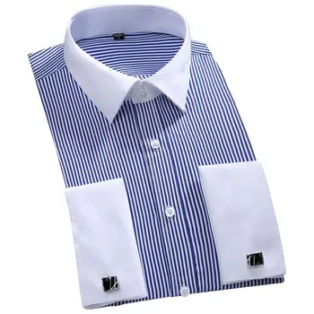 Frankrig Manchetknapper, Mens social-shirts med lange ærmer tuxedo Klassisk krave Kontrast Stribet Solid shirt til mænd Business M~6XL