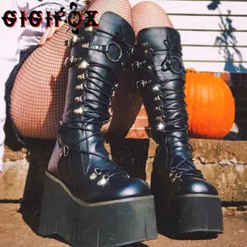 GIGIFOX Platform Gotiske knæhøje Støvler Sko Til Kvinder Zip Cosplay Design Bekæmpe Støvler Vinter Punk Kiler Motorcykel Sko