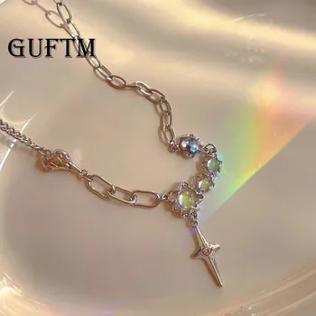 GUFTM Krystal Vedhæng Flydende Metal Halskæde til Kvinder Kravebenet Kæde Geometriske Uregelmæssige Vintage Choker Y2K Smykker Tilbehør