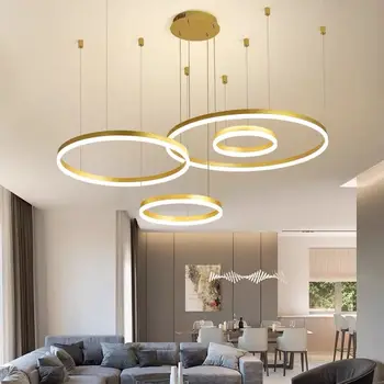 Guld Ring Lysekrone Akryl LED pendel, Moderne Minimalistisk Stil Vedhæng Lys for Home Living Room Dekoration
