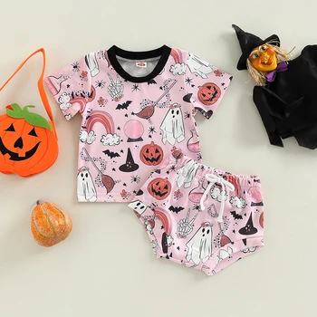 Halloween Græskar Baby Pige Ghost Bat Spider Udskrive Kort Ærme T-Shirts og Toppe+Elastisk Talje Shorts Baby Tøj, Kostumer 2STK