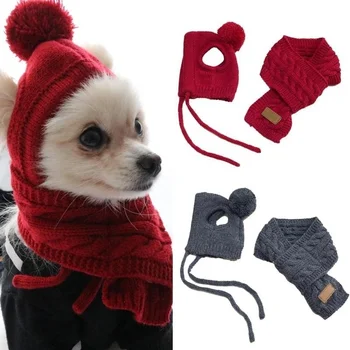 Hat for Hunde Vinter Varm Striber Strikket Hue+Halstørklæde Krave Hvalp Bamse Kostume Jul Tøj Santa Hund Kostume
