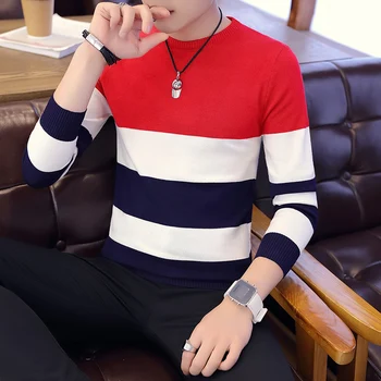 Hot salg mænd sweater 2022 Foråret Efteråret nye studerende sydkoreanske Slanke unge stribet sweater rød og sort, to farver M-XXL