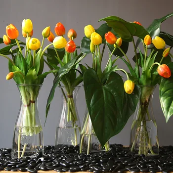 Høj Kvalitet Fugtgivende Fem-ledes Tulip Nordiske Indendørs Realistisk Buket Simulering Blomst Bryllup Hjem Dekoration