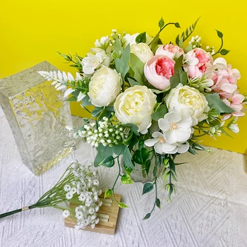 Høj Kvalitet Kunstig Silke Blomster, Hvid Pæon, Rose Falske Blomster til Bryllup Tabel Party Gave DIY Dekoration 3 Hoveder Buket