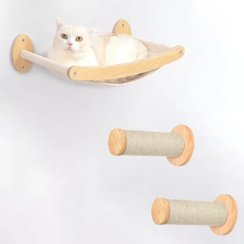 Kat Hængekøje Vægmonteret Klatring Hylde Sæt Træ Hylde Aborre Med Kradsetræ Premium Kitty Møbler Til At Sove Spille