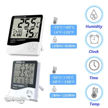 LCD-Elektronisk Digital Temperatur Luftfugtighed Meter Indendørs / Udendørs Termometer Hygrometer vejrstation Ur HTC-1 HTC-2