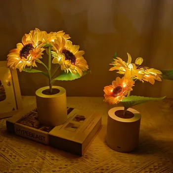 LED-Solsikke-Nat Lys 3 Hoveder Atmosfære Lampe Børn Ven Gilr Fødselsdag Gave Genopladelige Soveværelse Stue Home Decor