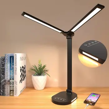 LED bordlampe,Dobbelt Hoved Eye-Omsorg Sammenklappelige Bord Lys med natlys USB-Opladning, Trinløs Dæmpning 5 Farve til Hjemmet/Læse
