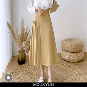 MOUKYUN Vintage Elegant A-Line Nederdel Kvinder Foråret Kontor OL Høj Talje Lange Nederdele koreansk Mode Gul Plisserede Faldas Kvindelige