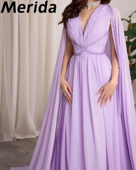 Merida Chiffon Perler, Pailletter Prom Kjoler Watteau Tog Ruched En-Linje-Floor-Længde Saudi-Arabien Elegante Festkjoler 2023