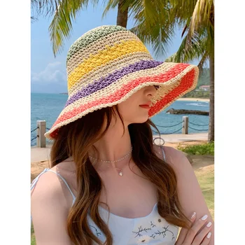 Mode strå hat kvinders sammenklappelig seaside patchwork farve fisherman ' s hat med skygge for solen bassin hat, solcreme kvinders bucket hat
