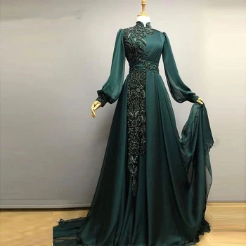 Muslimske Aften Kjoler For Kvinder Chiffon Lange Ærmer abendkleider Beaded Marokkanske Kaftan Muslimske Prom Kjoler Applique Robe Vestido