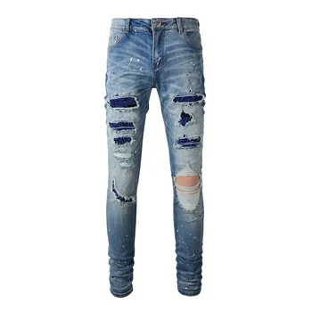 Mænd Crystal Stretch Denim Jeans Streetwear Malet Patch Tynde Tilspidset Bukser Huller Rippet Nødlidende Bukser