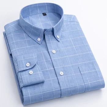 Mænds Mode 100% Bomuld Casual Hvid Ternet Skjorte Enkelt Patch Lomme med Lange Ærmer Standard-fit Button-down Gingham Shirts