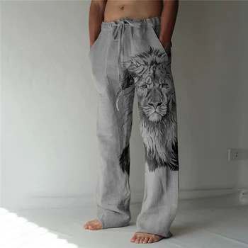 Mænds Mode Lige Bukser Overdimensionerede Elastisk Snor Design Lomme Foran Pants Dyr Grafiske Prints Lion Komfort Blød