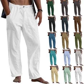 Mænds linned casual bukser, store åndbare bukser, ensfarvet, sport street tøj 2023 fashionable ny stil