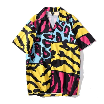 Mørke Ikonet Leopard Patchwork Vintage Herre Shirts med Knap Dwon Retro t-Shirts til Manden Streetwear Tøj