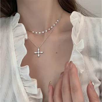 Romantisk Kors Vedhæng Halskæde til Kvinder Guld Sølv Farve Flerlaget Ovale Perler, Kæde Minimalisme Kvindelige Smykker
