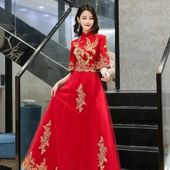 Røde Part Aftenen Lang Cheongsam Retro Slank Kjole Ægteskab Kjole Kinesisk Stil Bryllup Qipao Dame Tøj kimono kjole Formel Kjole