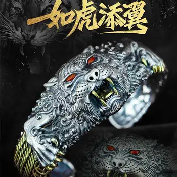 S925 Sterling Sølv Mænds Bred Classic Fashion Dominerende Tiger Hoved Armbånd Personlighed Retro Kinesisk Stil Punk Smykker